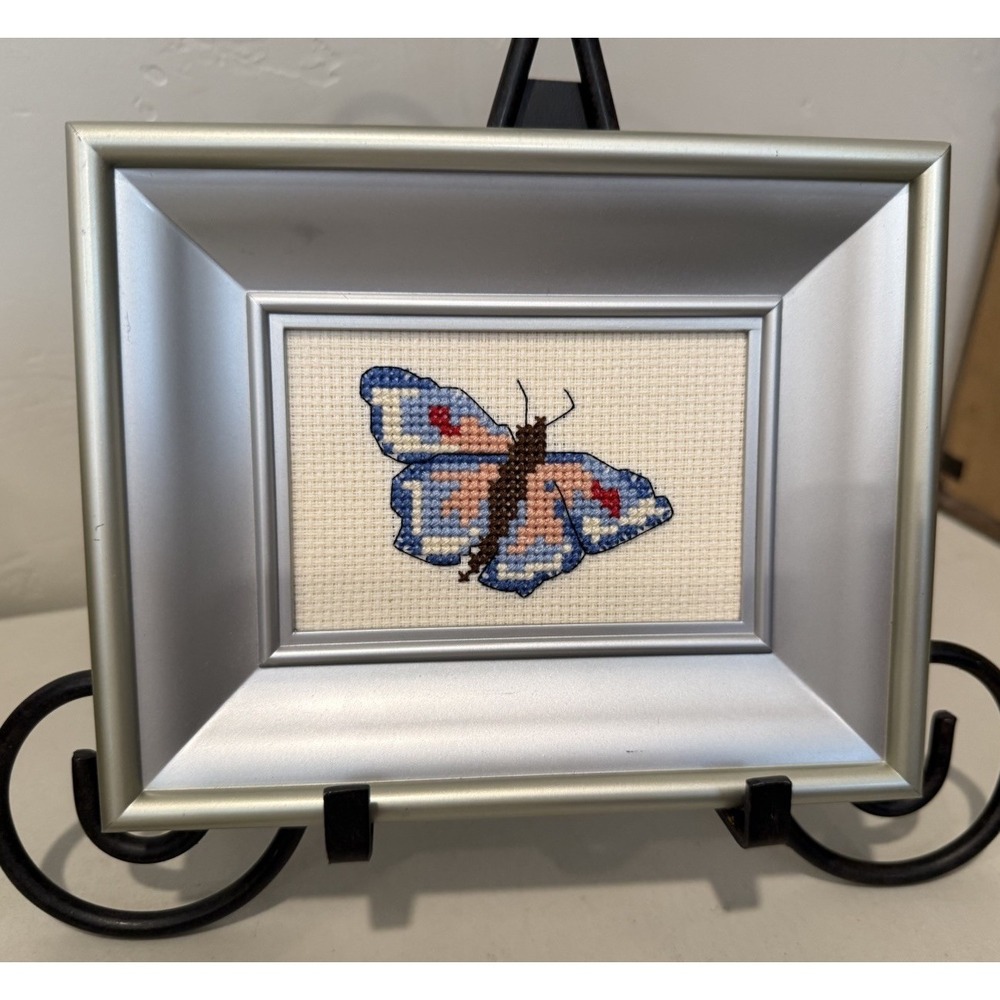 Vintage Handcrafted Framed Butterfly Cross Stitch Needlepoint Art Silver Frame